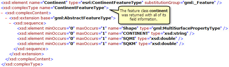 Cities feature class and its field information returned by the filtered DescribeFeatureType operation